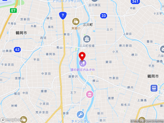 県道鶴岡広野線沿いの道の駅 庄内みかわの地図