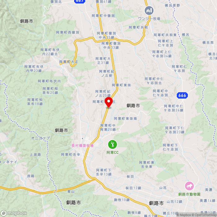 道の駅阿寒丹頂の里の地図（zoom11）北海道釧路市阿寒町舌辛原野23線38