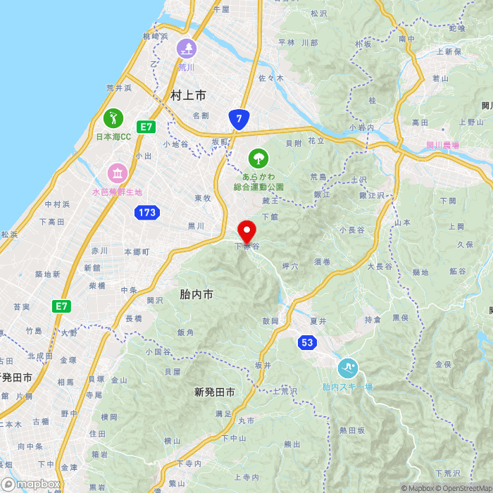 道の駅胎内の地図（zoom11）新潟県胎内市下赤谷387