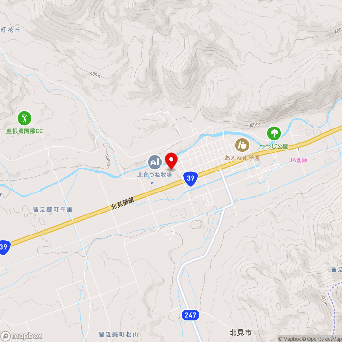 道の駅おんねゆ温泉の地図（zoom13）北海道北見市留辺蘂町松山1-4
