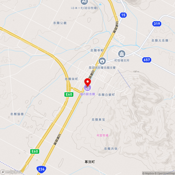 道の駅忠類の地図（zoom13）北海道中川郡幕別町忠類白銀町383
