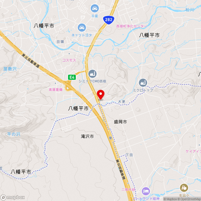 道の駅にしねの地図（zoom13）岩手県八幡平市大更2-154-36