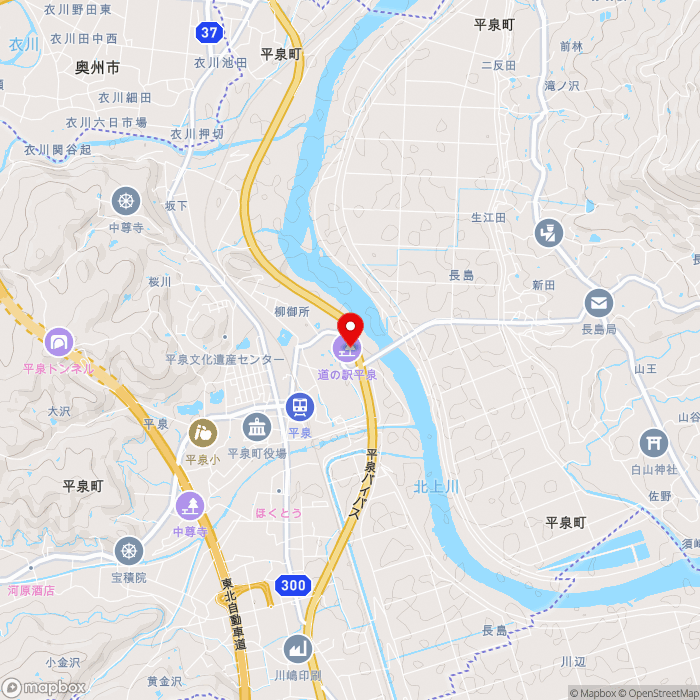 道の駅平泉の地図（zoom13）岩手県西磐井郡平泉町平泉伽羅楽112-2