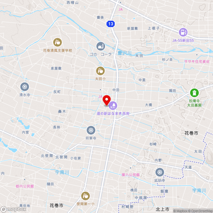 道の駅はなまき西南の地図（zoom13）岩手県花巻市轟木7地割203番地