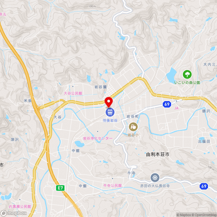 道の駅おおうちの地図（zoom13）秋田県由利本荘市岩谷町字西越36