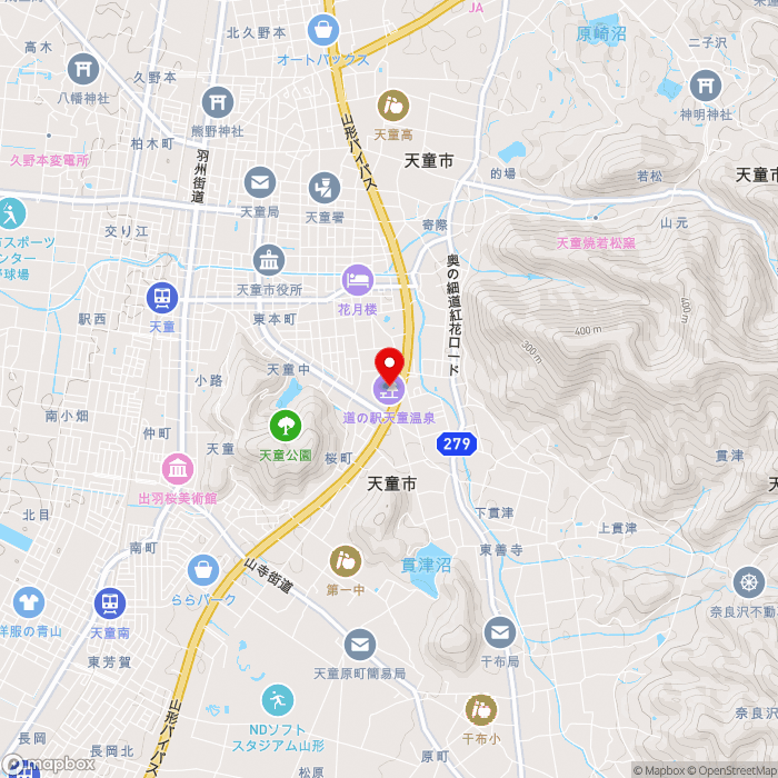 道の駅天童温泉の地図（zoom13）山形県天童市鍬ノ町地内