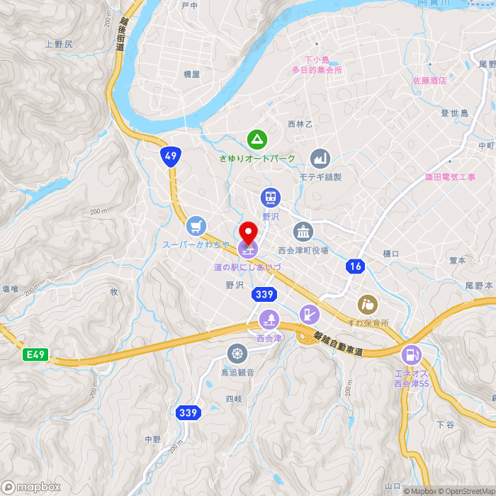 道の駅にしあいづの地図（zoom13）福島県耶麻郡西会津町野沢字下條1969-26