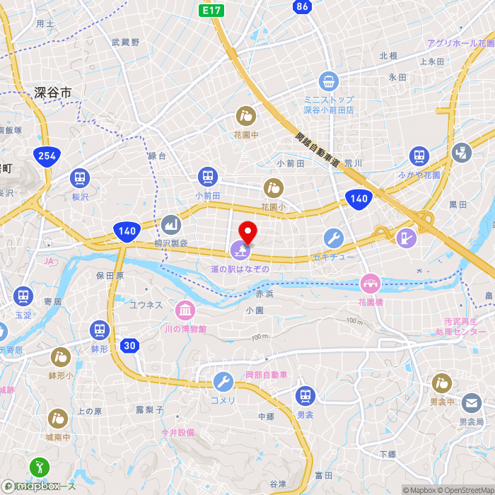 道の駅はなぞのの地図（zoom13）埼玉県深谷市小前田458-1