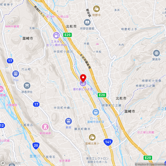 道の駅にらさきの地図（zoom13）山梨県韮崎市中田町中条