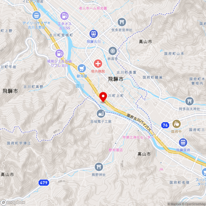 道の駅アルプ飛騨古川の地図（zoom13）岐阜県飛騨市古川町上町下落1348-2