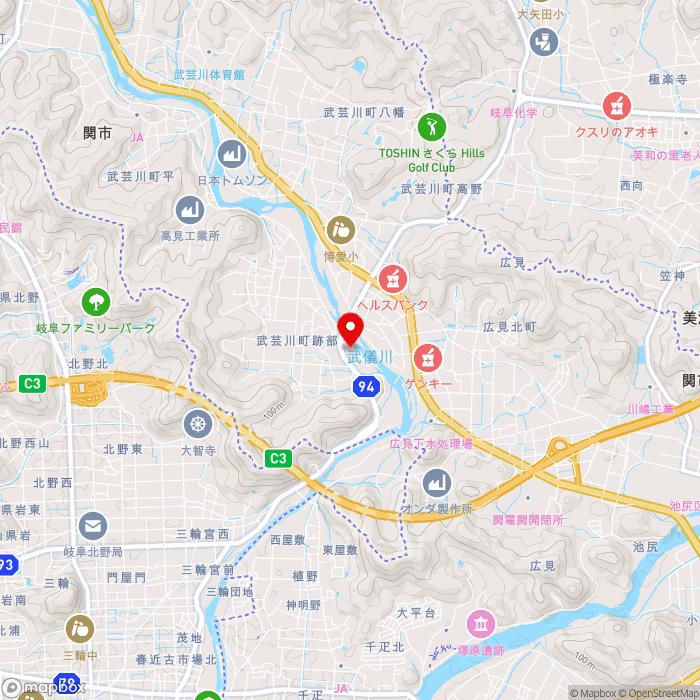 道の駅むげ川の地図（zoom13）岐阜県関市武芸川町跡部1810