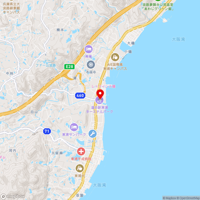 道の駅東浦ターミナルパークの地図（zoom13）兵庫県淡路市浦648