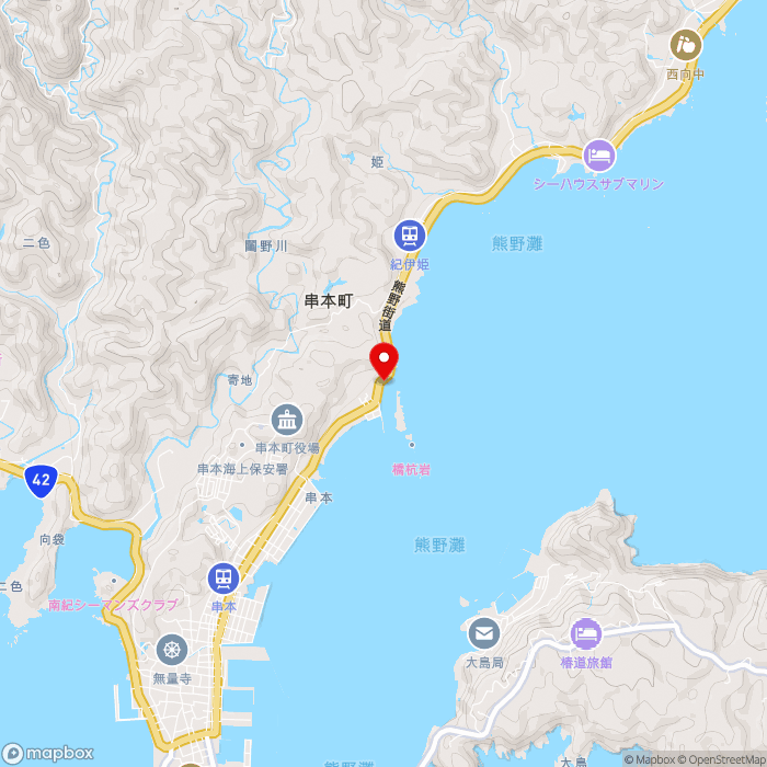 道の駅くしもと橋杭岩の地図（zoom13）和歌山県東牟婁郡串本町鬮野川1549番地8