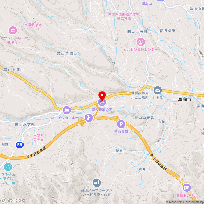 道の駅風の家の地図（zoom13）岡山県真庭市蒜山上徳山1380-6