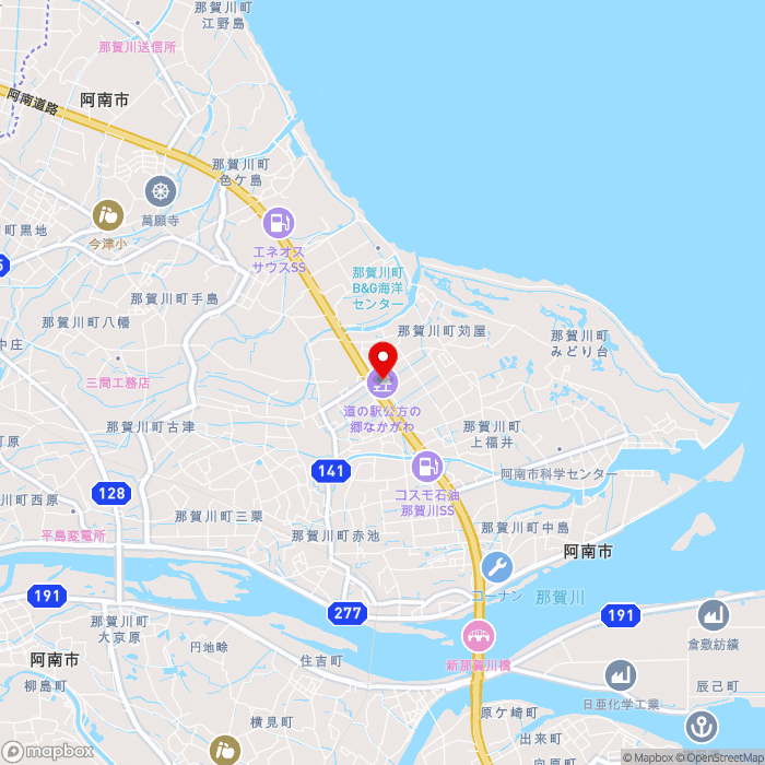 道の駅公方の郷なかがわの地図（zoom13）徳島県阿南市那賀川町大字工地803番地