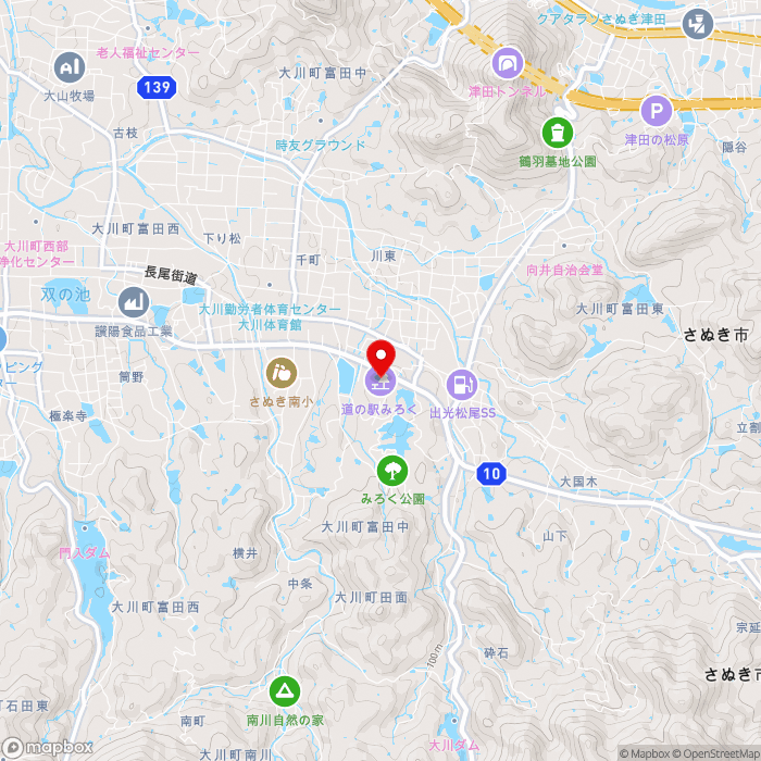 道の駅みろくの地図（zoom13）香川県さぬき市大川町富田中3298-1