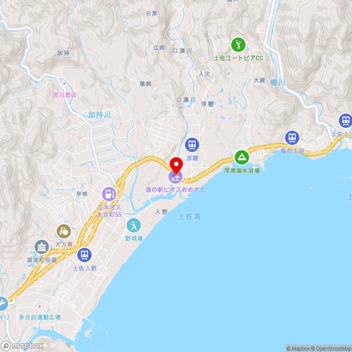 道の駅ビオスおおがたの地図（zoom13）高知県幡多郡黒潮町浮鞭