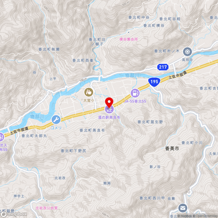 道の駅美良布の地図（zoom13）高知県香美市香北町美良布1211