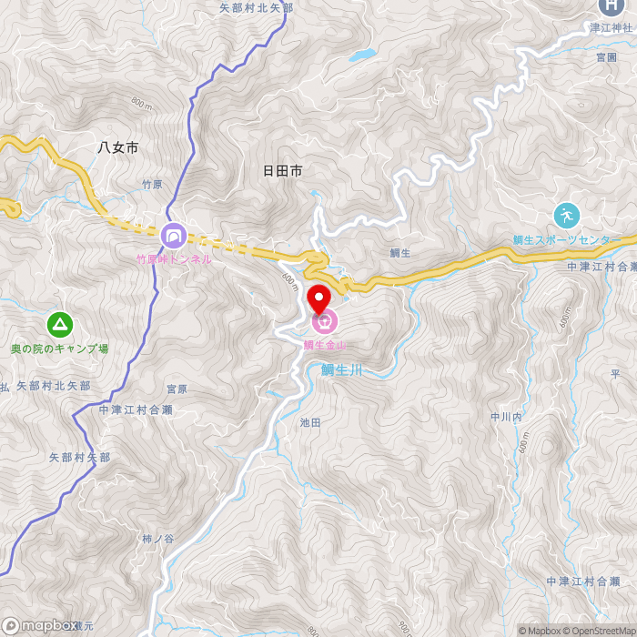 道の駅鯛生金山の地図（zoom13）大分県日田市中津江村合瀬3750