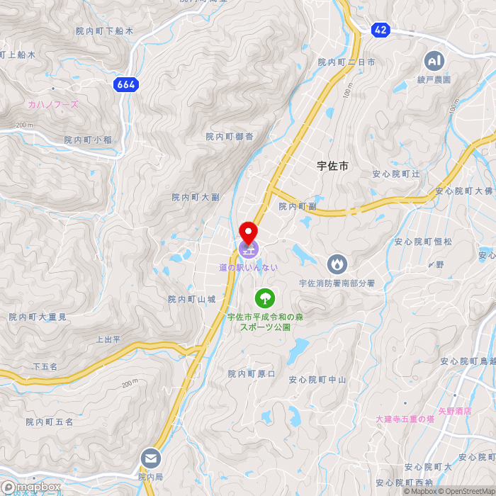 道の駅いんないの地図（zoom13）大分県宇佐市院内町副1381-2