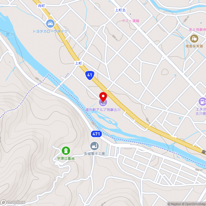 道の駅アルプ飛騨古川の地図（zoom15）岐阜県飛騨市古川町上町下落1348-2