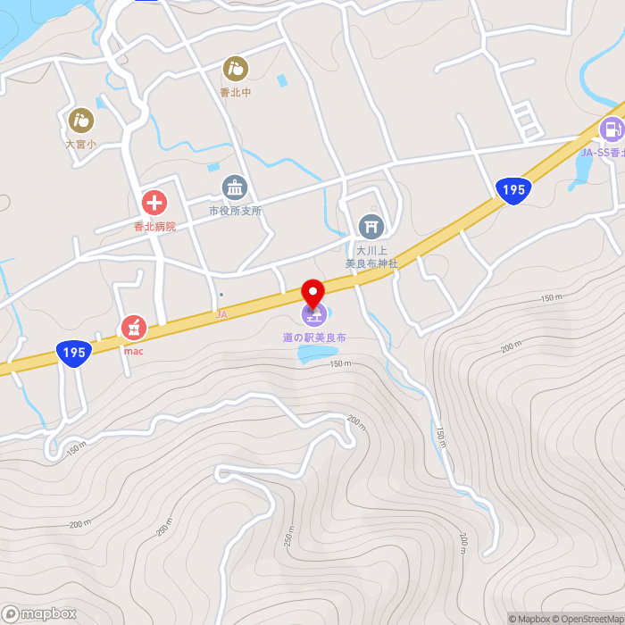 道の駅美良布の地図（zoom15）高知県香美市香北町美良布1211