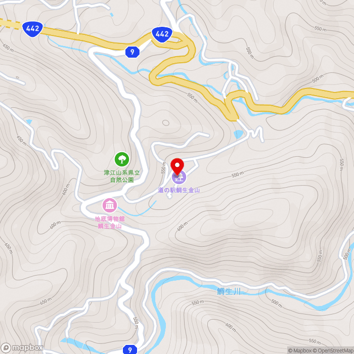 道の駅鯛生金山の地図（zoom15）大分県日田市中津江村合瀬3750
