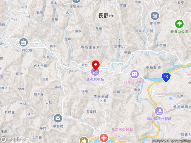 主要地方道長野大町線沿いの道の駅 中条の地図