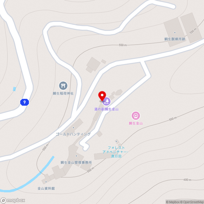 道の駅鯛生金山の地図（zoom17）大分県日田市中津江村合瀬3750
