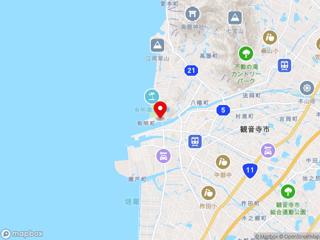 主要地方道丸亀詫間豊浜線沿いの道の駅 ことひきの地図