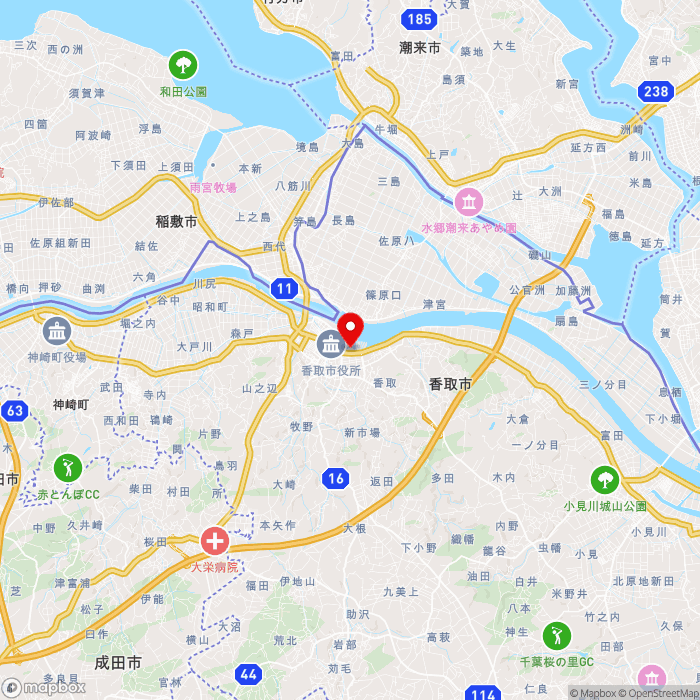 道の駅水の郷さわらの地図（zoom11）千葉県香取市佐原イ3981番地2地先