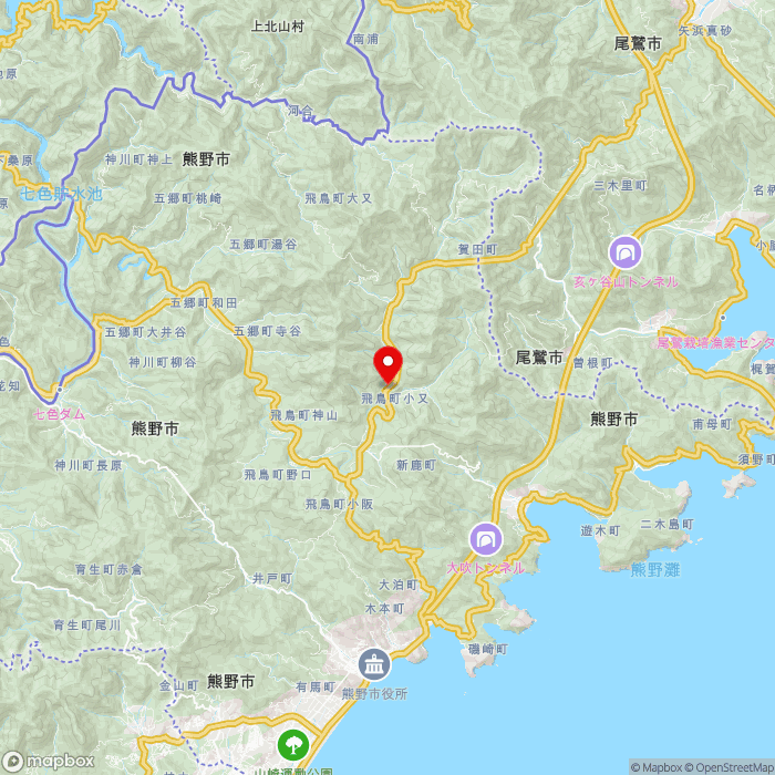 道の駅熊野きのくにの地図（zoom11）三重県熊野市飛鳥町大又古川109-21
