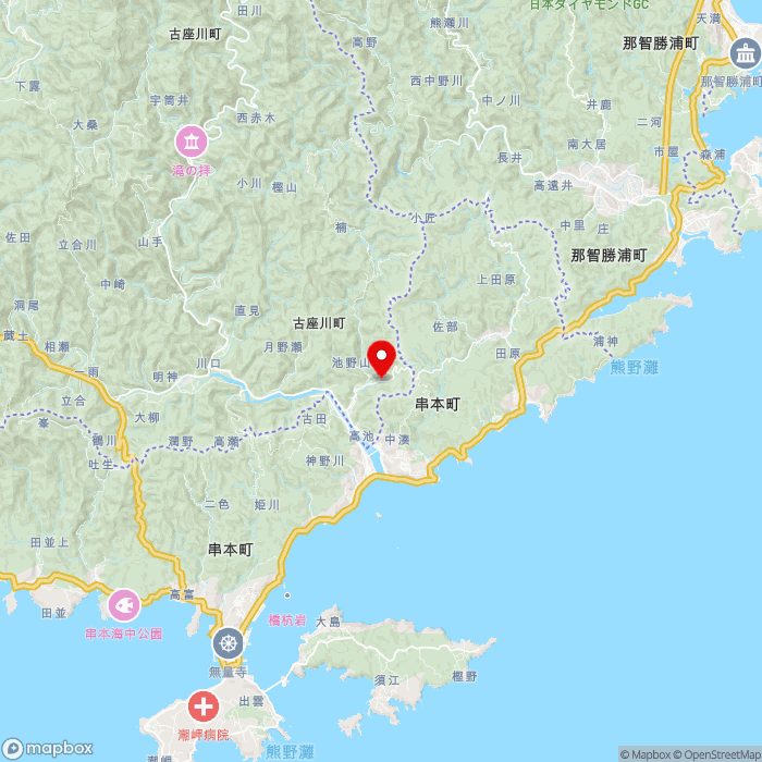 道の駅虫喰岩の地図（zoom11）和歌山県東牟婁郡古座川町池野山705-1