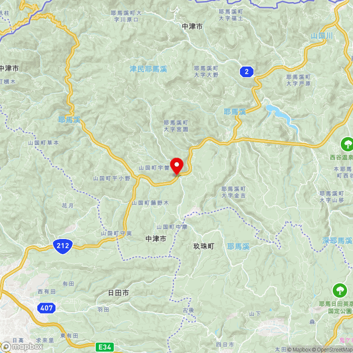 道の駅やまくにの地図（zoom11）大分県中津市山国町中摩358-4