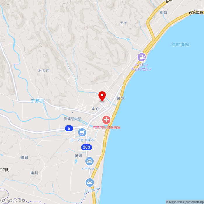 道の駅みそぎの郷　きこないの地図（zoom13）北海道上磯郡木古内町本町338-14