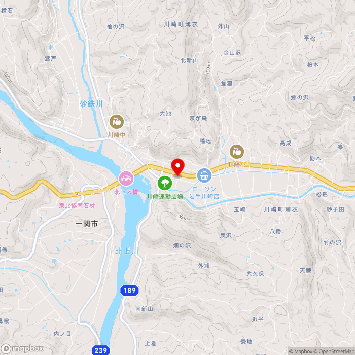 道の駅かわさきの地図（zoom13）岩手県一関市川崎町薄衣字法道地42-3