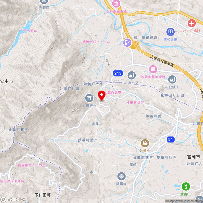 道の駅みょうぎの地図（zoom13）群馬県富岡市妙義町岳322-7