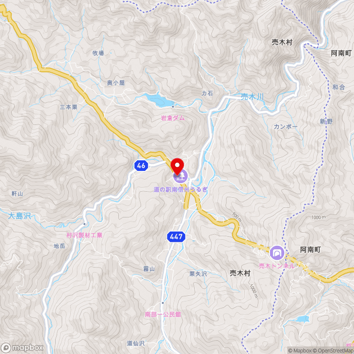 道の駅南信州　うるぎの地図（zoom13）長野県下伊那郡売木村543番地1