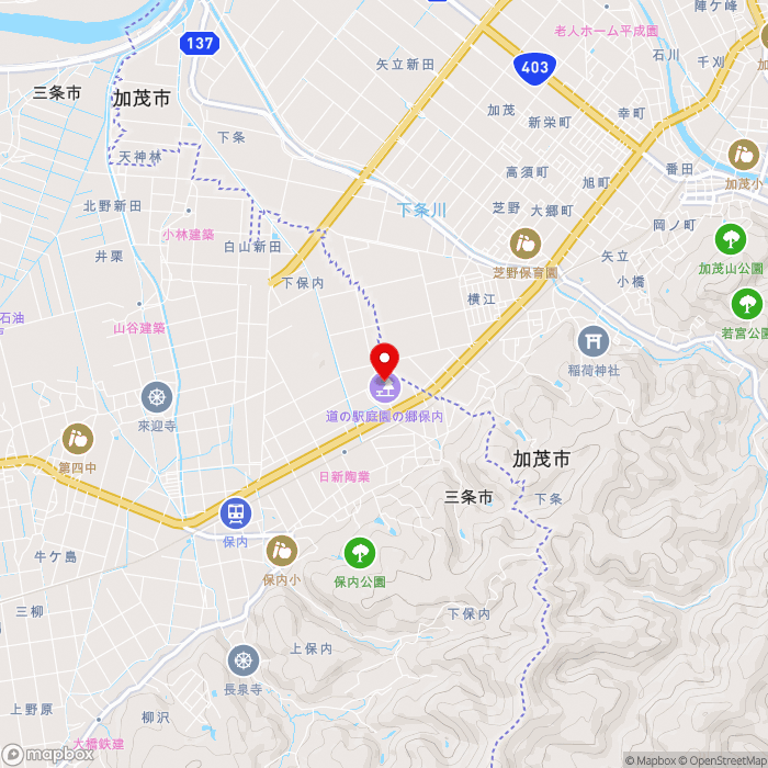 道の駅庭園の郷 保内の地図（zoom13）新潟県三条市下保内4035