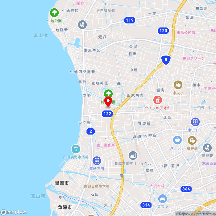 道の駅KOKOくろべの地図（zoom13）富山県黒部市堀切925番地1