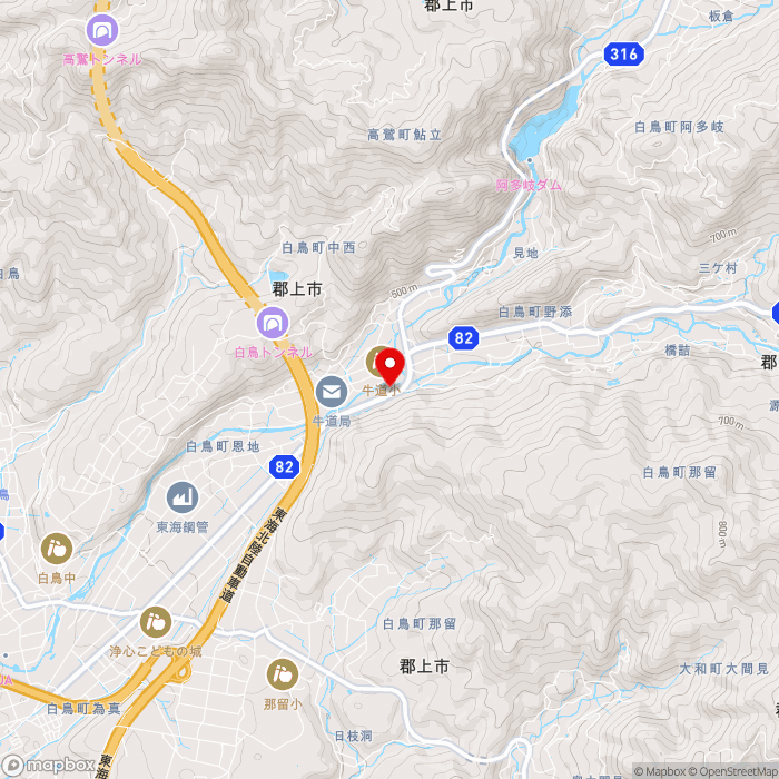 道の駅白尾ふれあいパークの地図（zoom13）岐阜県郡上市白鳥町恩地7-2