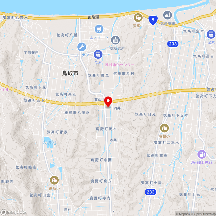 道の駅西いなば 気楽里の地図（zoom13）鳥取県鳥取市鹿野町岡木280-3