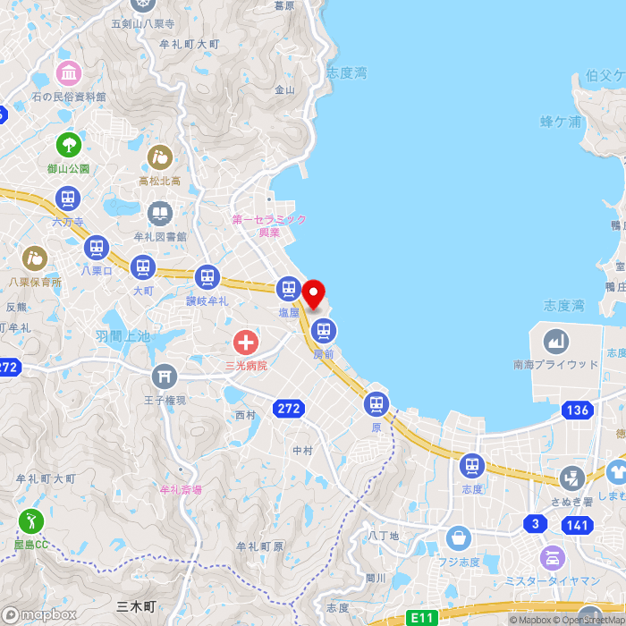 道の駅源平の里むれの地図（zoom13）香川県高松市牟礼町原631-5