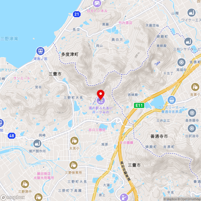 道の駅ふれあいパークみのの地図（zoom13）香川県三豊市三野町大見乙74