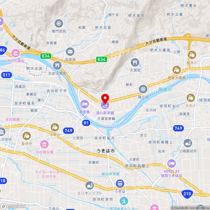 道の駅原鶴の地図（zoom13）福岡県朝倉市杷木久喜宮1663-1