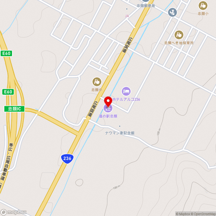 道の駅忠類の地図（zoom15）北海道中川郡幕別町忠類白銀町383