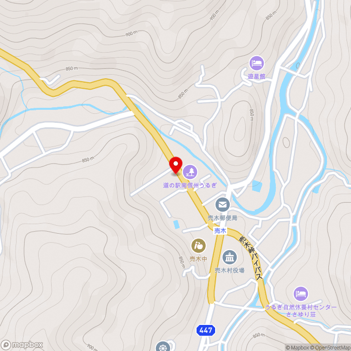道の駅南信州　うるぎの地図（zoom15）長野県下伊那郡売木村543番地1