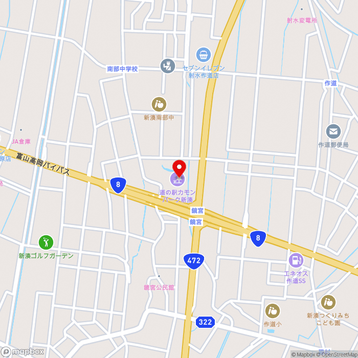 道の駅カモンパーク新湊の地図（zoom15）富山県射水市鏡宮296