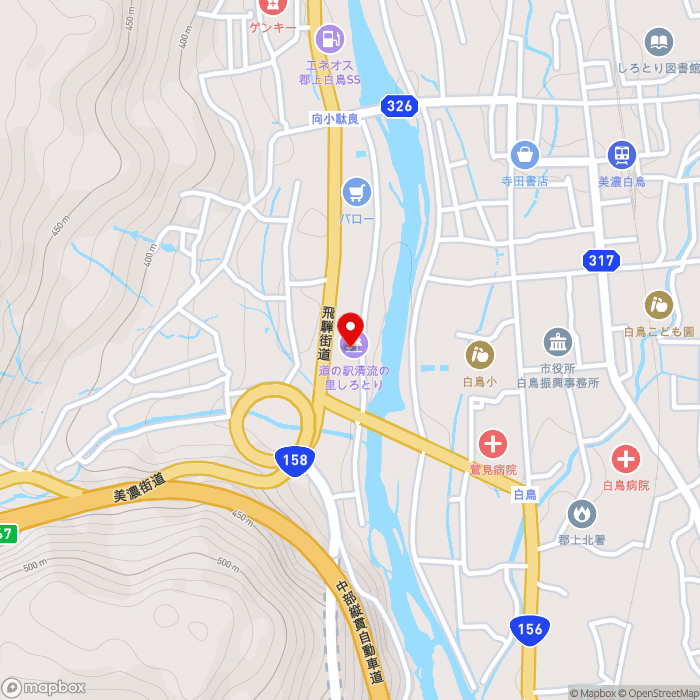 道の駅清流の里しろとりの地図（zoom15）岐阜県郡上市白鳥町向小駄良693-2