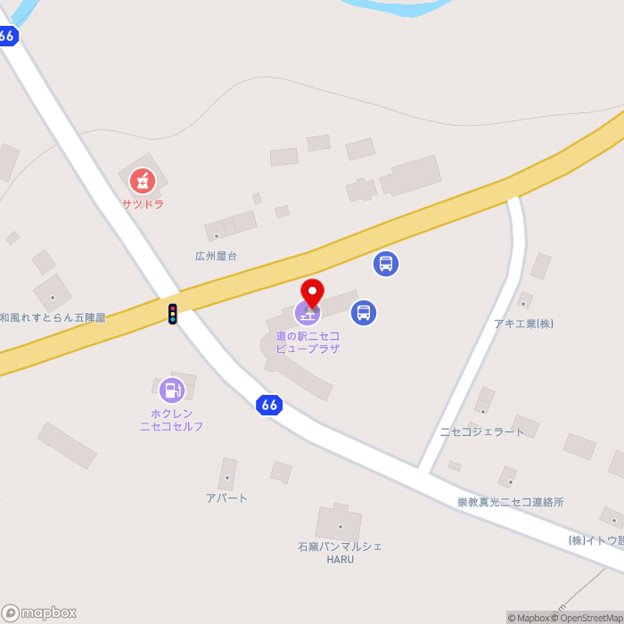 道の駅ニセコビュープラザの地図（zoom17）北海道虻田郡ニセコ町字元町77-10